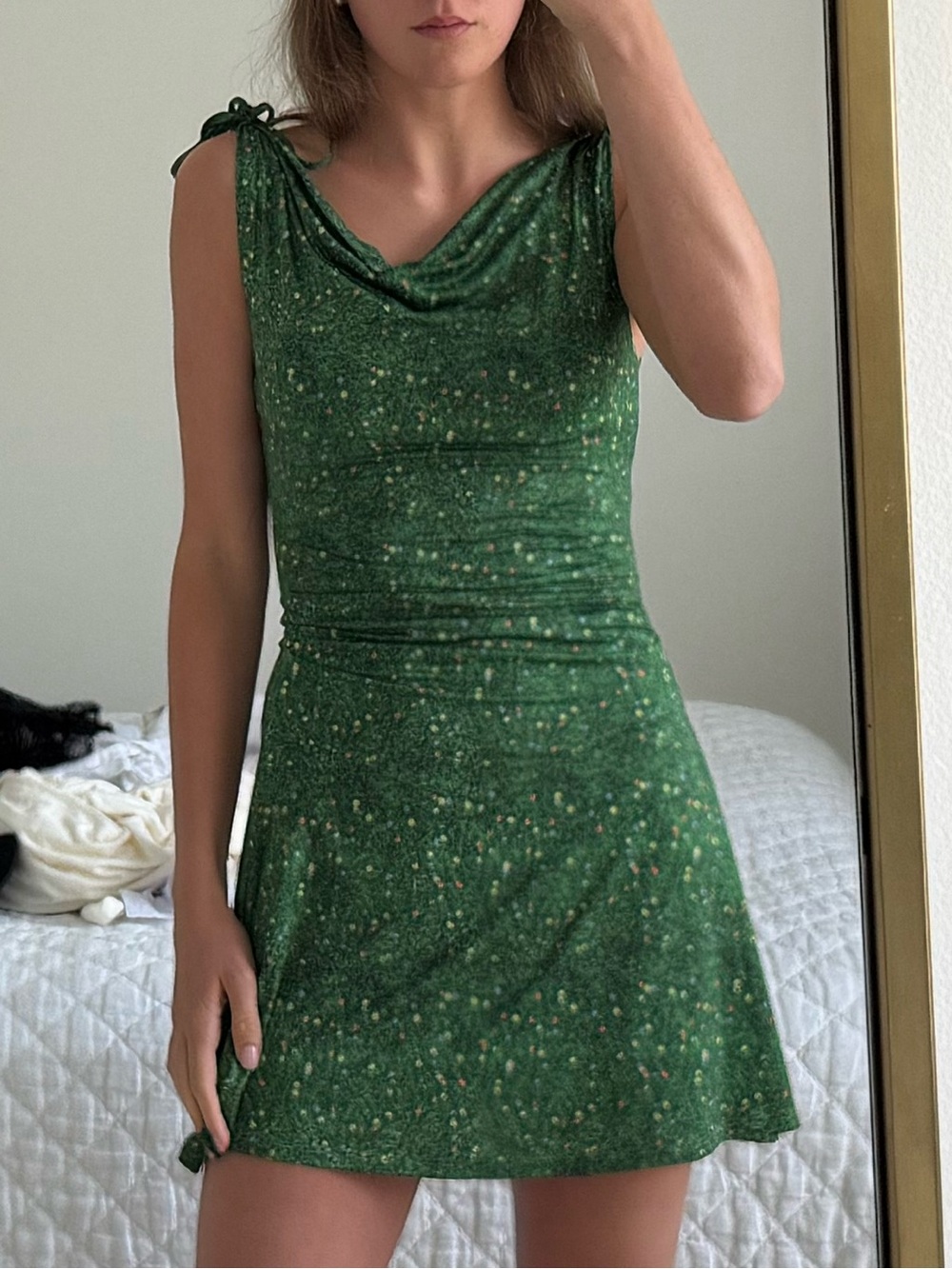 Green Cowl Neck Mini Dress with Subtle Sparkle